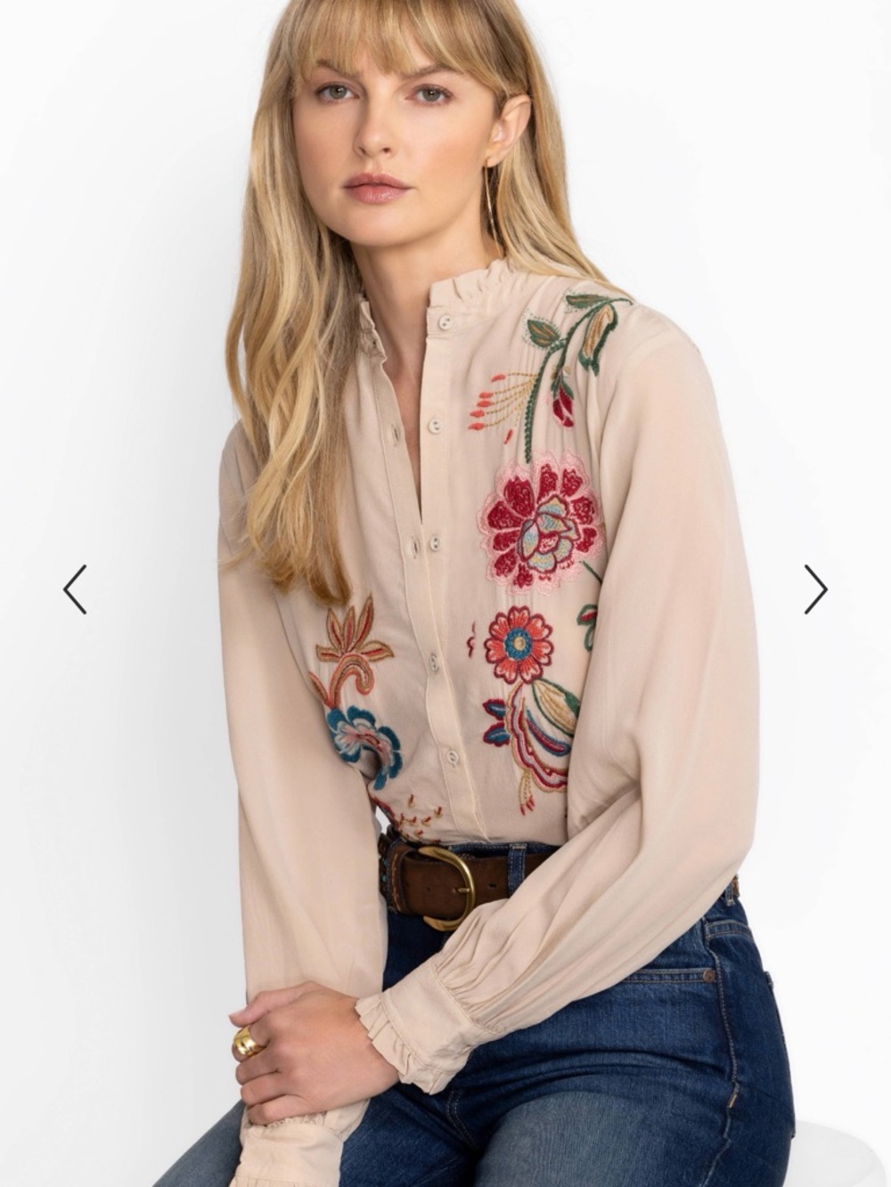 Johnny Was Ruffle Collar Silk Embroidered Button-Down Blouse Size S NWT